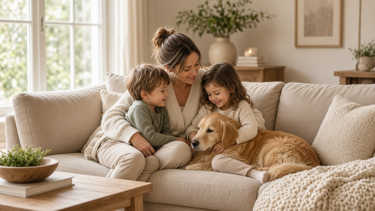 Família com crianças e cachorro em casa